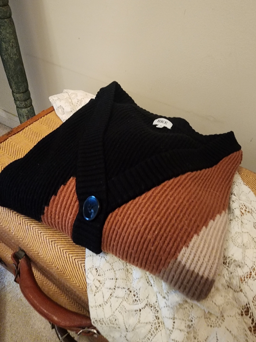 BKE Colorblock Rib-Knit Button Cardigan - Black & Rust - Picture 2 of 3